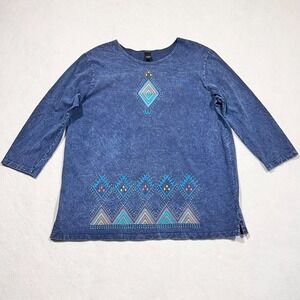 Sabaku Art Wear‎ Tunic Top Smock T-Shirt Cotton Blue Aztec 3/4 Sleeve XL USA